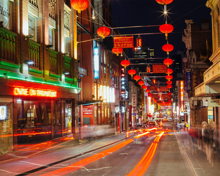 Red lanterns hanging above Chinatown, Melbourne